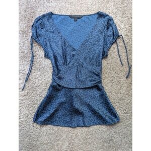 Express Design Studio Babydoll Blouse Women M Blue Y2K Silk Floral Whimsigoth